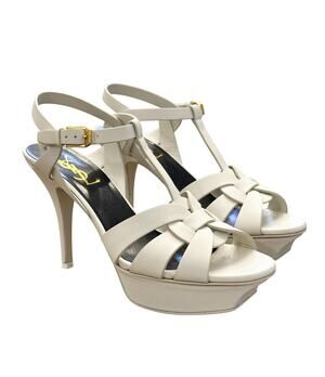 SAINT LAURENT Tribute 75 White Calfskin Platform Heels Sandals Size 37.5 NEW